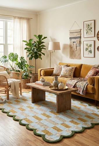 Hand Tufted Wool Rug with Scalloped Edges, Light Blue Plaid Pattern, Soft Area Rug for Living Room, Bedroom, and Nursery, Handmade Modern Accent Rug, Meadow Sky, 8'x10' - size: 8' x 10' (Rectangular)