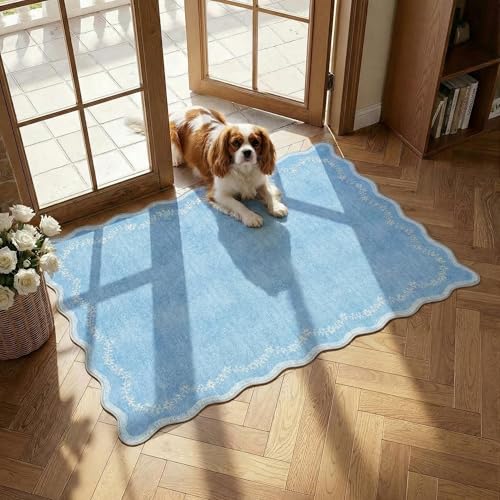 GarveeHome Scalloped Entryway Rug, 2x3 Solid Blue Washable Front Door Rug Indoor Entrance Floral Carpet Non-Slip Low Pile Throw Rugs for Kitchen Floor, Powder Room, Entry, Bathroom, Kids Room - color: Baby Blue, size: 2' x 3' (Rectangular)