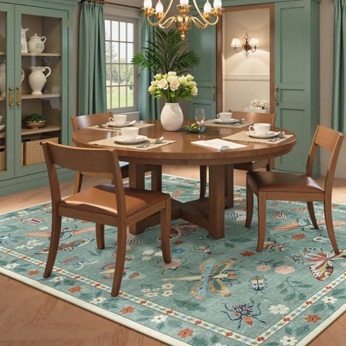 Beeiva Insect Print Washable Area Rug 6x9 for Bedroom Under Bed - Sage Green Non Slip Dining Room Rugs for Under Table, Stain Resistant Large Carpet for Living Room Kids Playroom Decor(6'x9',Green) - color: Light Green, size: 6' x 9' (Rectangular)
