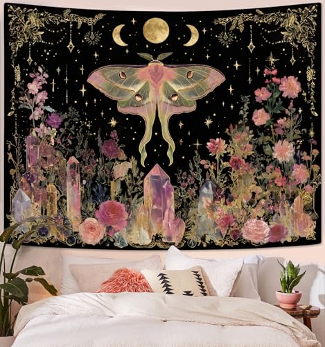 Gruaoihy Boho Moon Butterfly Floral Tapestry, Aesthetic Witchy Moon Phase Luna Moth Wall Hanging for Bedroom Living Room Decor, Black Pink 36x48 inches - color: Luna Moth, size: 48"L x 36"W