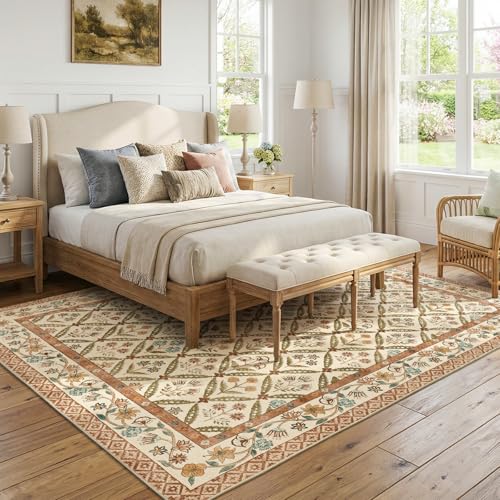jinchan Haden 8x10 Large Area Rug for Living Room Vintage Floral Cottage Rug Soft Non-Slip Low Pile Washable Bedroom Dining Room Home Decor Girls Dorm Carpet Terracotta - color: Terracotta, size: 8' x 10' (Rectangular)