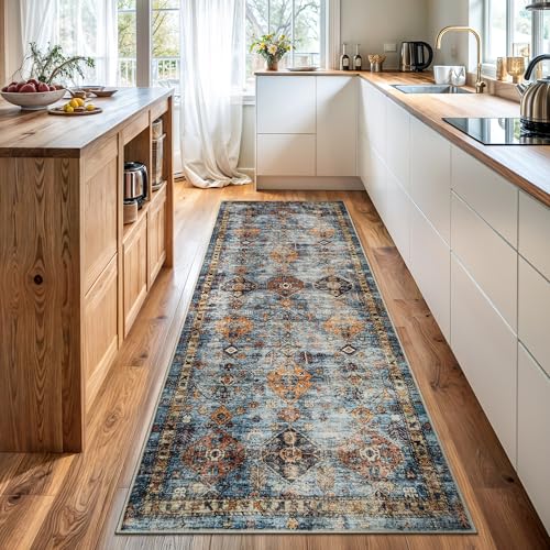 Bloom Rugs Washable Non-Slip 7 ft Runner - Blue/Orange Traditional Bordered Runner for Entryway, Hallway, Bathroom, and Kitchen - Exact Size: 2.5' x 7' - color: Blue / Orange, size: 2'6" x 7' (Runner)