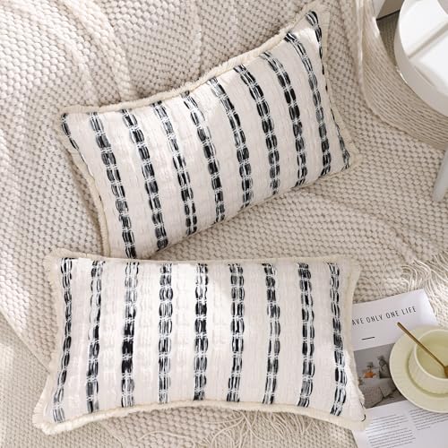 LUOYEHK Chenille Striped Throw Pillow Covers 12x20 Inch Set of 2 Boho Decorative Pillowcases with Fringe Farmhouse Neutral Cushion Covers for Couch Sofa Bed Living Room, Black - color: Black, size: 20" x 12" (Pack of 2)