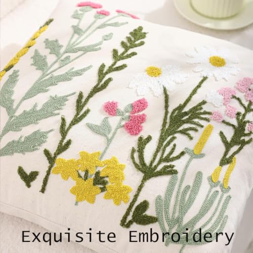 Embroidered Throw Pillow Covers 18x18 Pack of 2 Floral Decorative Pillow Covers Daisy Flowers Tufted Pillowcases Farmhouse Pillow Cushion Cases Square Pillow Case Summer Home Decor - color: Floral Daisy