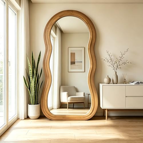Wavy Full Length Mirror, 71"x33.5" Oversized Organic Floor Mirrors with Triple-Layer Solid Wood Frame, Large Irregular Full Body Mirror for Living Room Entryway Cloakroom, Leaning/Hanging - color: Natural Wavy Frame, size: 71"L x 33.5"W