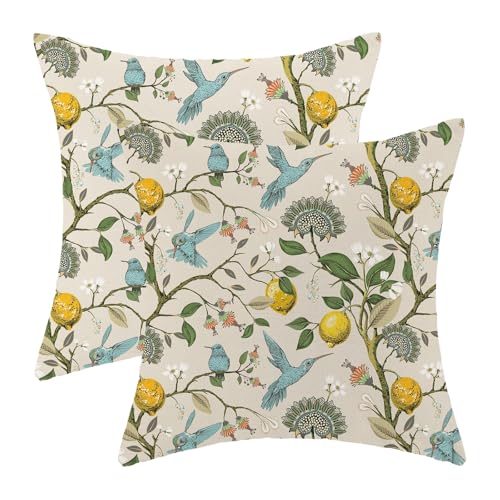Chinoiserie Pillow Covers 16x16 Set of 2 Vintage Yellow Blue Birds Floral Lemon Throw Pillow Covers Outdoor Decoration Spring Summer Pillowcase Farmhouse Decorative Cushion Case for Home Couch - color: Yellow Blue Lemon Birds, size: 16" x 16" (Pack of 2)