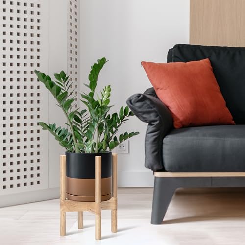 D'vine Dev Ceramic Planter with Natural Stand - 8 Inch Modern Round Flower Pot with Wood Planter Holder, Black/Speckled Tan, 55-B-N-7 - color: Black/Speckled Tan Pot + Natural Stand, size: 8 Inch