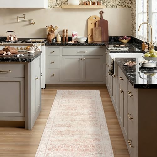 Pink Boho Runner Rugs for Hallway Bathroom Non Slip Cute Bed Side Bedroom Rug 2x6 Light Pink Low Pile Floral Distressed Rugs for Kitchen Washable Stain Resistant Carpet for Laundry Room 2 x 6 - color: Pink, size: 2' x 6' (Rectangular)