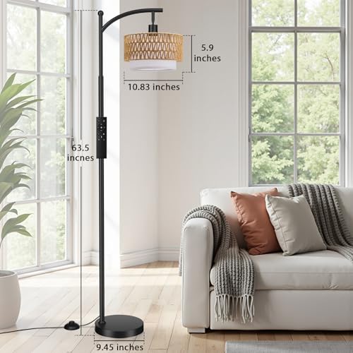 Ambimall Arc Floor Lamp for Living Room with Remote, Color Temperature & Brightness Adjustable, Boho Standing Lamp with Rattan & Fabric Double Drum Shades, Bulb Included(Black) - color: Black Rustic