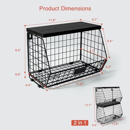 Goozii Black Kitchen Wall Hanging Storage Basket Set of 2, Rustic Stackable Kitchen Counter Fruit Organizer, Wire Baskets Container for Veggie, Garlic, Produce, Onion and Potato (Black Shelf) - color: Black + Black Wood