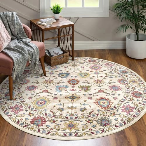 LUXRUG Washable Round Area Rug 4ft - Cream Colorful Traditional Floral Boho Living Room Circle Rug 4x4 Non-Slip Carpet Soft Vintage Bohemian Round Rugs for Bedroom Bathroom Kitchen Nursery - color: Cream Multi, size: 4' (Round)