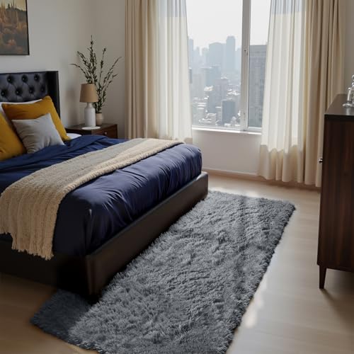 Soft Runner Rugs for Bedroom, Grey 2x6 Area Rugs Fluffy Rug Shag Area Rug Carpet, Bedside Rug for Living Room Bedroom Room Home Decor - color: Grey, size: 2' x 6' (Rectangular)