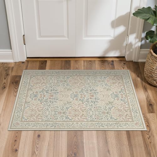 Bavni 2x3 Small Area Rug Machine Washable Non Slip, Vintage Floral Throw Rug, Low Pile Thin Lightweight Carpet for Entryway, Hallways, Kitchen and Bathroom, Beige Pink - color: Beige Pink, size: 2' x 3' (Rectangular)