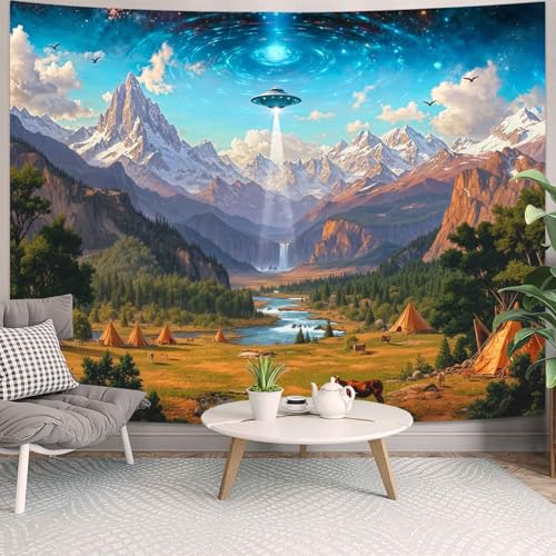 Wegklazax UFO Alien Tapestry, Cosmic Fantasy Mountain Wall Art for Room Decor, Sci-Fi Nature Home Decor 60" L x 44" W - color: Blue Green, size: 60"L x 44"W