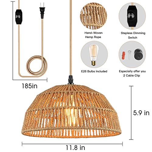 Plug in Pendant Light, Hanging Lights with 15ft Golden Cotton Cord & Stepless Dimming Switch, Handwoven Hemp Rope Lampshade, Boho Hanging Lamp for Kitchen, Hallway (Bulb & 2 Swag Hooks Included) - color: Rattan 11.8"