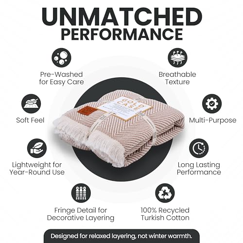 Gold Case Throw Blanket for Couch – 100% Recycled Turkish Cotton Blankets & Throws – Elegant Decorative Throw Blankets for Living Room Sofa – Woven Throws for Couch – Elegant Beige – 50x60 - color: Elegant Beige, size: 50x60"