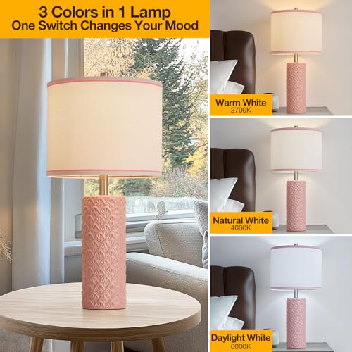 27" Farmhouse Bedside Table Lamp Set of 2, Pink Modern Ceramic Lamps for Living Room, 3 Color Temperature Rustic Table Lamps for Bedroom, Night Stands, Dorm,Office, Home Décor (Bulb Included - color: Pink, size: 27"