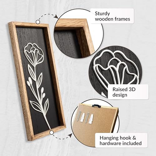 3D Vintage Black Living Room Decor (Set of 2) Lightweight, Wooden Ready-to-Hang Framed Moody Floral Wall Art for Bathroom, Bedroom or Office - Dark Textured Boho Farmhouse Wall Decor - Gift-Boxed - color: Black, size: 7" x 16"