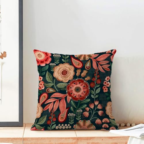 Boho Floral Pillow Covers 18x18 Set of 2, Spring Red Flower Outdoor Decorative Botanical Flowers Tropical Leaves Throw Pillows Retro Green Floral Couch Cushion Case for Chair Sofa Bedroom - color: Vc7, size: 18" x 18" (Pack of 2)