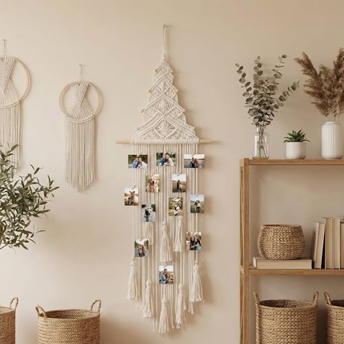 Rtteri Macrame Hanging Photo Display Boho Wall Decor Picture Card Frame Holder with 30 Clips Photo Art Hanger Teen Girl Teenage Gifts for Room Bedroom Dorm