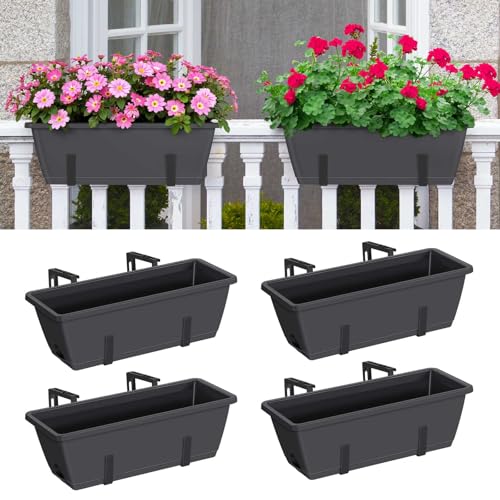 CADUKE 4 Pack Railing Planter Box Grey Window Flower Boxes with Brackets Hanging Fence Planters Plastic Outdoor Deck Railing Planter Boxes for Balcony Patio Garden - color: Gray