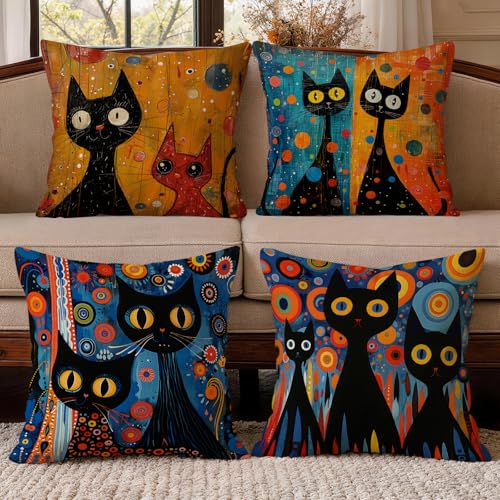 OBSEDE Black Cat Abstract Art Decorative Throw Pillow Covers 18 × 18 in, Set of 4, Couch Cushion Cases Inserts for Sofa Bed Living Room Home Decor, Single Side Print - color: Midnight Feline Abstract Art, size: 18" x 18" (Pack of 4)