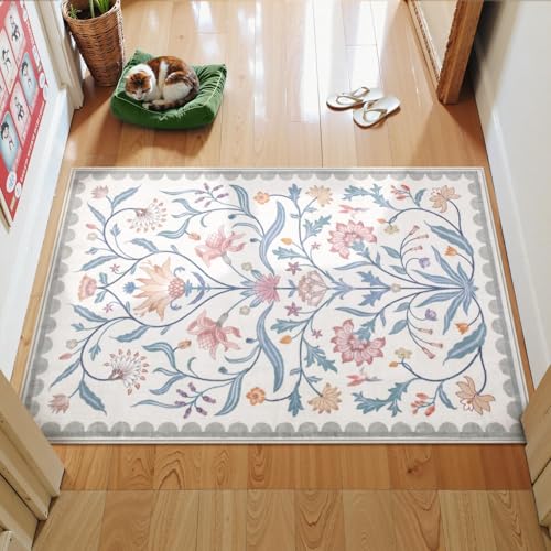 Lahome Boho Floral 2x3 Small Bathroom Rugs Non Slip Washable, Grey/Beige Kitchen Rugs for Entryway, Soft Indoor Carpet Throw Rug for Laundry Indoor Door Mat (Grey/Beige,2x3) - color: Grey/Beige, size: 2' x 3' (Rectangular)