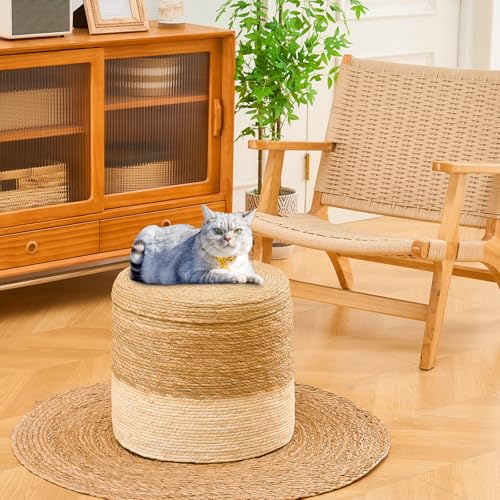 Wimarsbon 18'' Ottoman Pouf, Natural Braided Poof, Rustic Handweave Lounge Pouffe, Boho Footrest Stool for Bedroom, Accent Table for Living Room (Stoage - 18inch Cattail+Beige Corn Husk L) - color: Stoage - 18inch Cattail+beige Corn Husk L