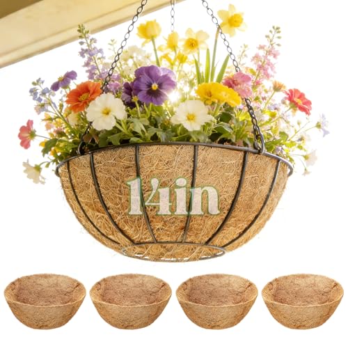 ANPHSIN 4Pcs 14inch Coconut Liners for Hanging Baskets Planters - Made of 100% Natural Coco Coir Fiber, Thick Breathable Round Liner for Outdoor Porch Garden Flower - size: 14in