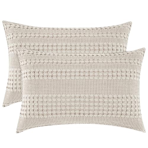 PHF 100% Cotton Waffle Pillow Shams Standard Size, 2 Pack 20" x 26" Soft Skin-Friendly Pillowcases, No Filling, Aesthetic Woven and Breathable Waffle Weave Pillow Case Covers for Bed, Oatmeal - color: Oatmeal, size: 26" x 20" (Pack of 2)