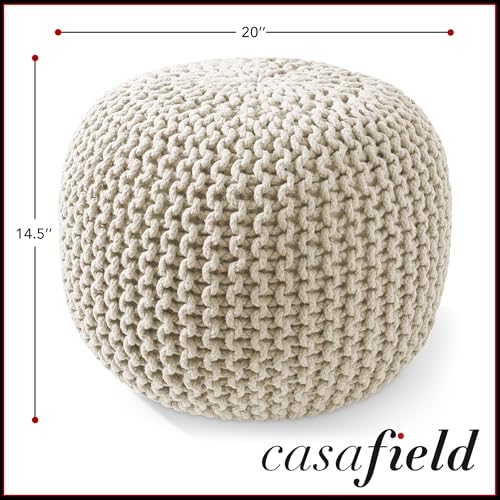 Casafield Round Pouf Ottoman, Natural - 20" Diameter x 14.5" High Cotton Knit Foot Stool - Boho Floor Pouffe for Living Room, Bedroom, Home Office - color: Natural, size: 20"D x 20"W x 14.5"H