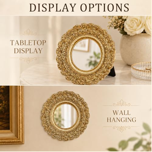 Golden Mini Vintage Mirror with Exquisite Relief Elegant Wall Decor for Bedroom Dresser Table Compact Resin Retro Design (Gold Round, 5X5) - color: Gold Round