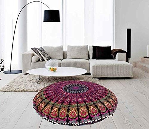 ICC 32 Inch Floor Pillows & Cushion covers Decorative Hippie Mandala Pouf Pillow covers Seating Meditation Cushion Cover Bohemian Large Boho Ottoman Case Pillowcase Couch Round Pink