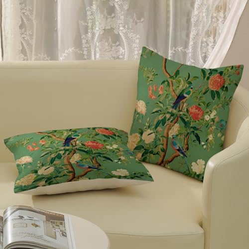 Green Chinoiserie Pillow Covers 16x16 Inch 2 Pcs Vintage Floral Birds Decor Throw Pillows Boho Flower Seasonal Spring Summer Outdoor Decoration Pillowcase Linen Cushion Cover for Couch - color: Green Boho Floral Birds, size: 16" x 16" (Pack of 2)