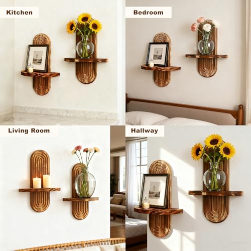 Artilady 2 Pack Floating Shelves for Wall Decor Boho Wood Shelf Plant Holder Trinket Storage Rack Rainbow Arch Home Decor for Bedroom Living Room Office Apartment - color: 1 Dark Brown