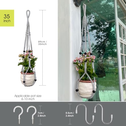RIFNY Macrame Plant Hanger for 5 to 10 Inch Plant Pots, 35 Inch Indoor Handmade Woven Rope Hanger Kits with Hooks and Wood Beads, Hanging Planter Basket Holder for Boho Home Decor (Grey, 3 Pack) - color: Gray, size: 35 Inch 3 Pack