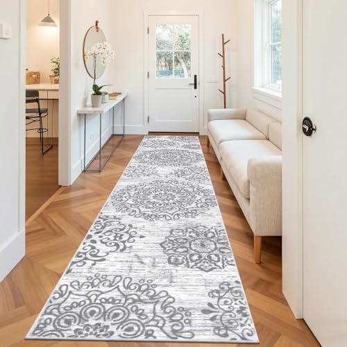 HEBE Hallway Runner Rug 3'x14' Washable Vintage Distressed Area Rugs Non Slip Laundry Rug Runner Boho Floor Carpet Runners for Hallways Entryway Laundry Room Kitchen Bathroom - color: Grey, size: 3' x 14' (Rectangular)
