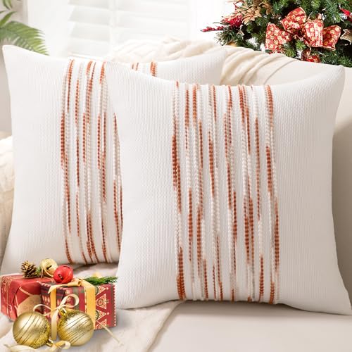 Boho Throw Pillow Covers 18x18 Set of 2 Christmas Decorative Cushion Case Striped Square Pillows Cover Chenille Pillow Cases Accent Neutral Pillowcase for Sofa Couch Bed,White Wine-red - color: Wine-red Stripe