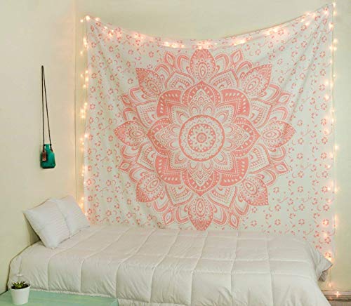 raajsee Glittering Rose Gold Pink Tapestry Wall Hanging Mandala-Bohemian Room Decor-Indian Cotton Throw Hippie Tapestries -Boho Bedding White Golden Queen Bedspread 82x92 inches - color: Rose Gold Passion Ombre, size: 92"L x 82"W