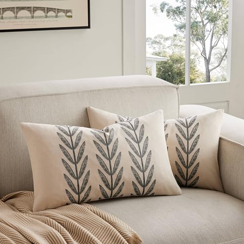 100% Cotton Farmhouse Leaves Lumbar Throw Pillow Covers Set of 2, 12x20 Inch Black Pastoral Decorative Print Cushion Covers for Sofa Bed Living Room Home Decor - color: Black, size: 20" x 12" (Pack of 2)