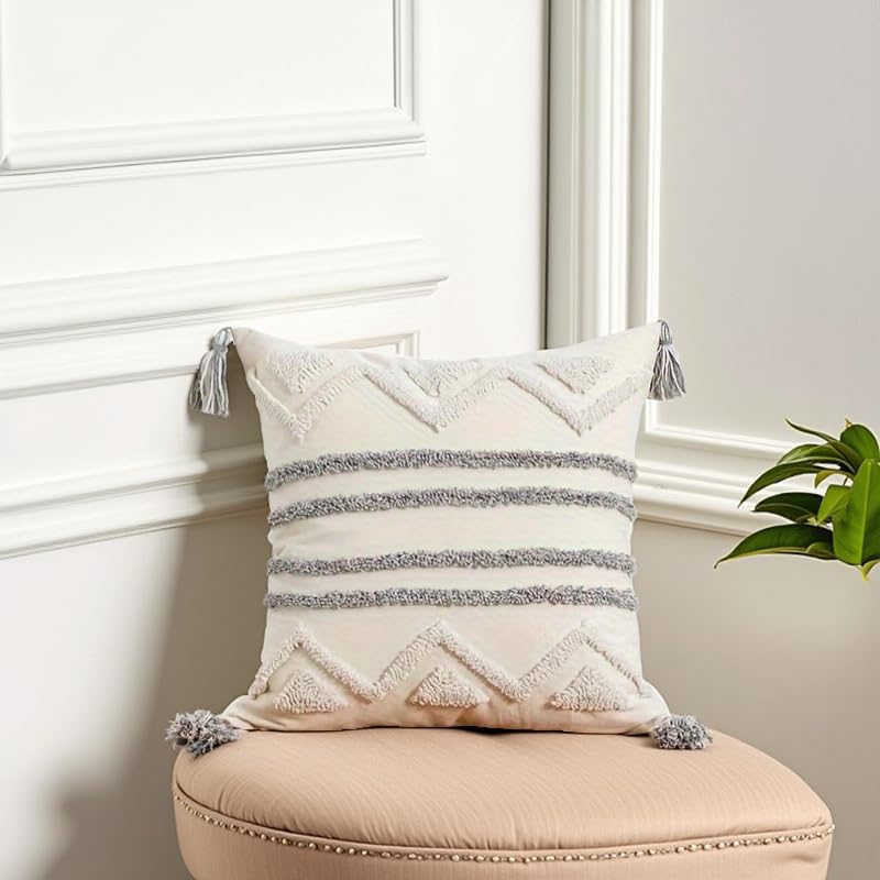 Andreannie Pack of 2 Boho Tufting Throw Pillow Cover Embroidered Textured Geometric Stripes Cushion Cover with Tassels Soft Home Decororative for Couch Sofa 18x18 inch - color: Boho Stripe