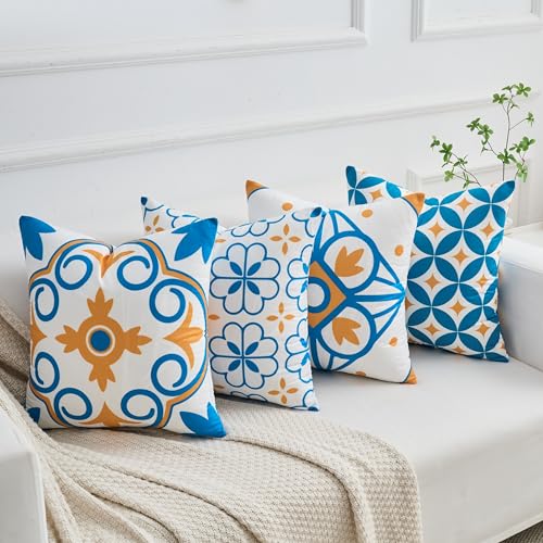 Set of 4 Boho Throw Pillow Covers 18x18 Inch, Blue Orange Pattern Decorative Pillow Case Soft Square Velvet Cushion Covers for Couch, Sofa, Living Room, Bedroom, Patio, Porch, Outdoor Home Décor - color: Tile Geo, size: 18" x 18" (Pack of 4)