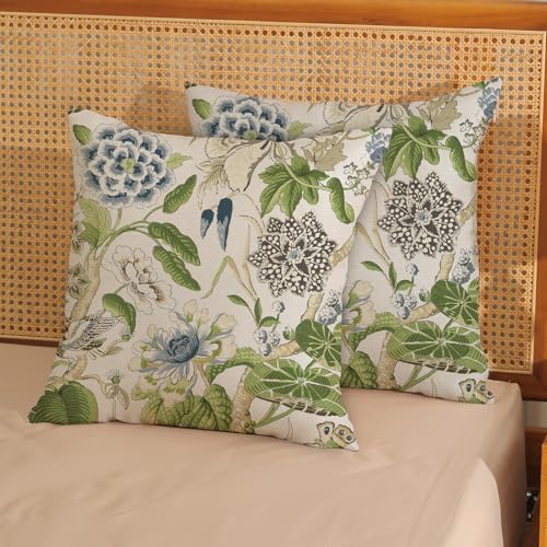 Sage Green Boho Pillow Covers 16x16 Inch 2 Pcs Blue Green Vintage Floral Bird Decor Throw Pillows Chinoiserie Flower Seasonal Outdoor Farmhouse Pillowcase Linen Cushion Cover for Couch Sofa - color: Green Blue Boho Floral Bird, size: 16" x 16" (Pack of 2)