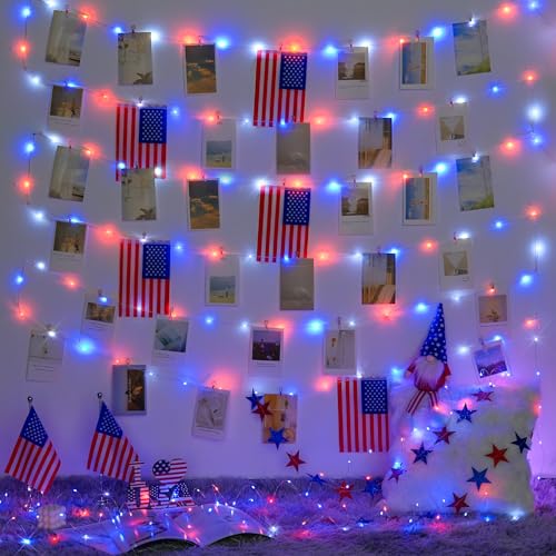 JMEXSUSS 200 LED 4th of July Fairy Lights, Red White and Blue Lights Indoor with Wheel, 8 Modes Remote Control Twinkle Patriotic Lights in for Independence Day American Flag Holiday - color: Red White Blue, size: 66FT 200LED