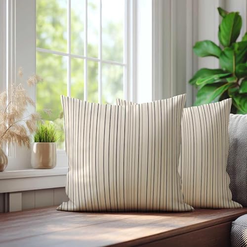 Pinstripe Throw Pillow Covers 18x18 Set of 2 | Black Beige Decorative Cushion Covers | Neutral Farmhouse Pillow Cases for Couch Sofa Bed Living Room - color: Ticking Stripe