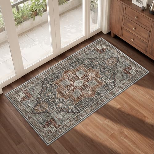 Roxstand Washable Runner Rug 2x4 - Vintage Non-Slip Small Area Rugs for Entryway, Low-Pile Stain Resistant Indoor Rug for Laundry Room Kitchen Bathroom Dining Room (Grey/Brown/Tan) - color: Grey/Brown/Tan, size: 2'x4'