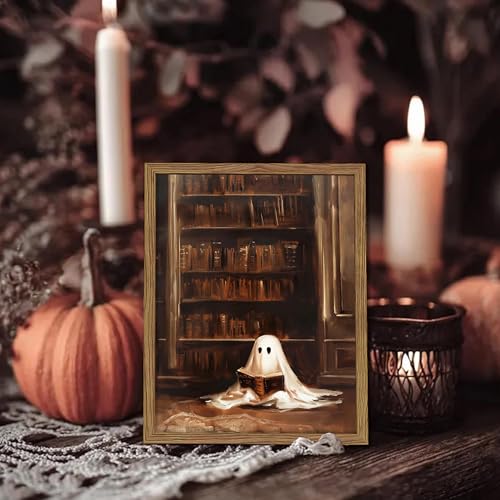 Framed Vintage Library Ghost Wall Art - Ghost Reading Canvas Print Halloween Decor, Gothic Victorian Dark Academia Halloween Wall Decor for Bedroom Office 8x10 inch Wood Frame - color: Ghost, size: 10"L x 8"W