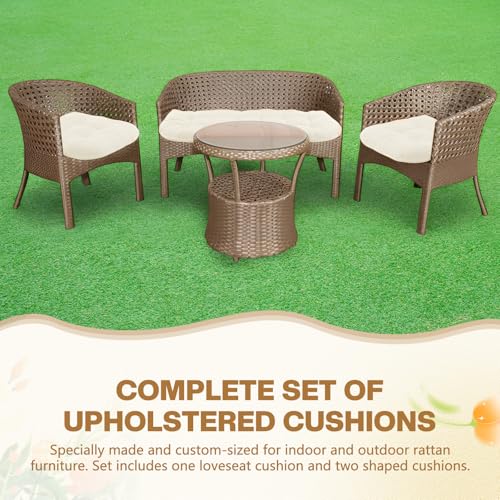 Barydat 3 Pack Wicker Furniture Cushions Waterproof Outdoor/Indoor Tufted Wicker Chair Cushions 1 Loveseat and 2 U-Shape Rattan Chairs for Patio Furniture, Rattan Love Seat, Bench(Cream) - color: Cream