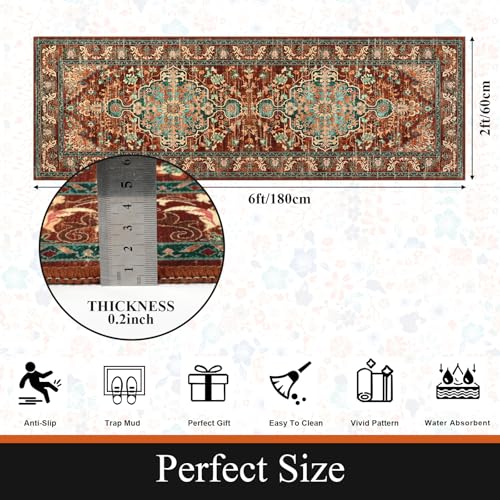 U'Artlines 2' x 6' Boho Hallway Runner Rug, Non Slip Washable Vintage Farmhouse Accent Area Rug Carpet for Kitchen Entryway Laundry and Living Room (Rust＆Teal) - color: Rust＆teal, size: 2' x 6' (Runner)
