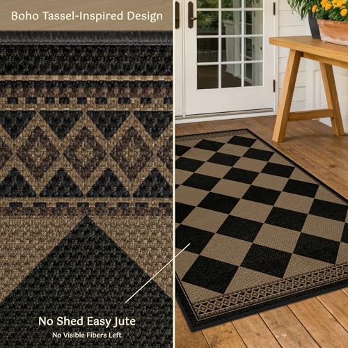 Black & Brown Checkered Easy Jute Outdoor Rug 4x6 for Porch Patio, Washable Non-Slip Diamond Checkerboard Entryway Office and Backyard Boho Border Rug, Farmhouse Low Pile Indoor Carpet for Living Room - color: Black Brown, size: 4' x 6' (Rectangular)